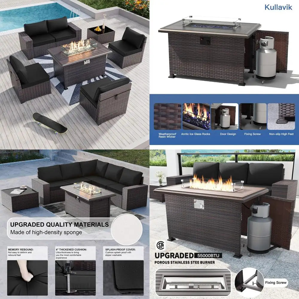 7-piece outdoor patio furniture set with 43" gas propane fire pit table, wicker rattan sectional sofa for conversation