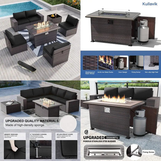 7-piece outdoor patio furniture set with 43" gas propane fire pit table, wicker rattan sectional sofa for conversation