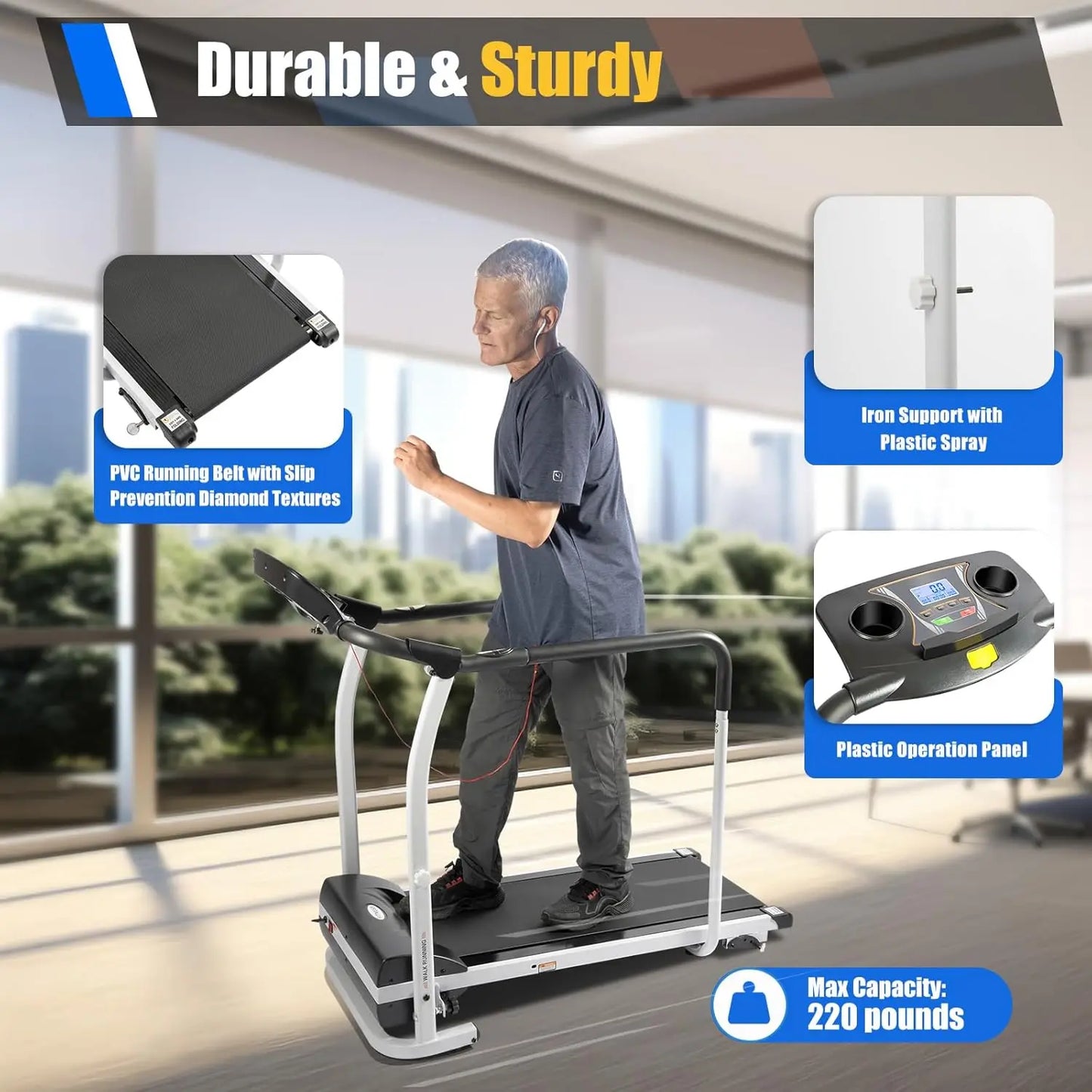 Walking Treadmill for Seniors Home Treadmill with Handrails and Heart Rate Sensor Low Impact Fitness Machine for Recovery