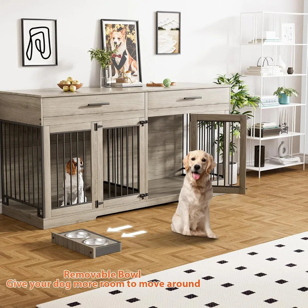 72 Inch Dog Crate Furniture for Two Dogs Large Dog Kennel with Storage Drawers and Removable Divider Wooden Dog Cage