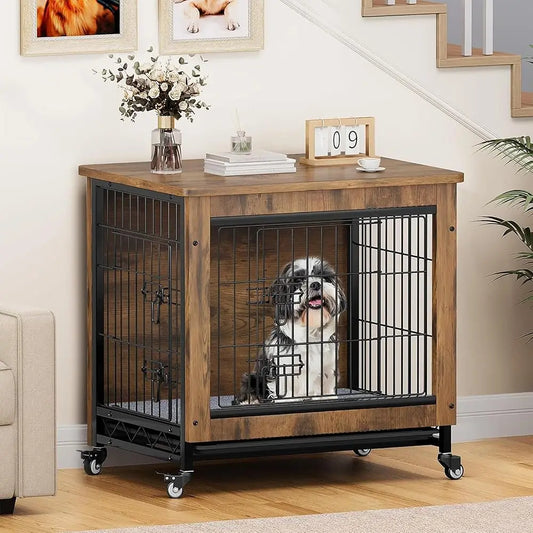 Dog Crate Furniture With Wheels 27 Inch Dog Kennel Indoor With Cushion Dog Crate End Table With Tray Dog Cage With Double Doors For Small Dog Rustic Brown