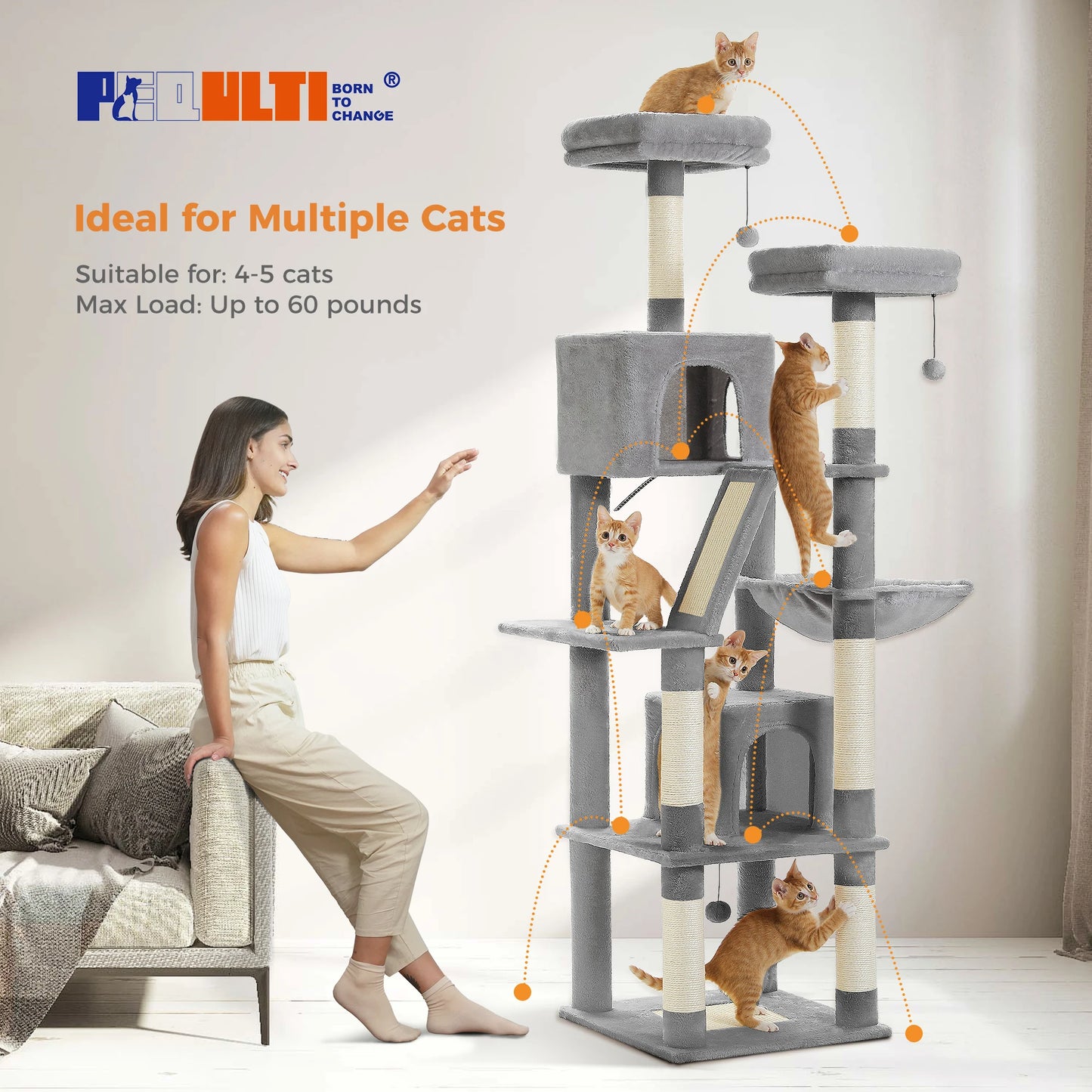 Deluxe 180cm Cat Tree With Plush Condo 6 Scratching Posts