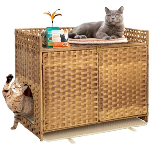 Hidden Cat Litter Box Enclosure Furniture with Modern Design for Indoor Living: Handwoven Rattan Pet House Featuring Removable