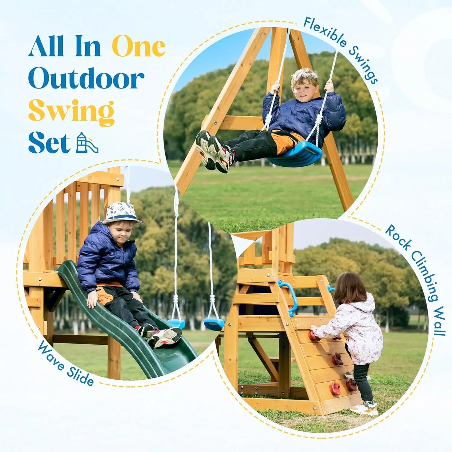 Robotime Robud Wooden Swing Set With Dual Swings And Slide
