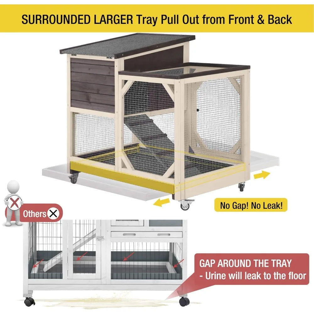 Rabbit Hutch Indoor Bunny Cage with Outdoor Run Multi Level Design and Two Deeper No Leak Trays with 4 Casters