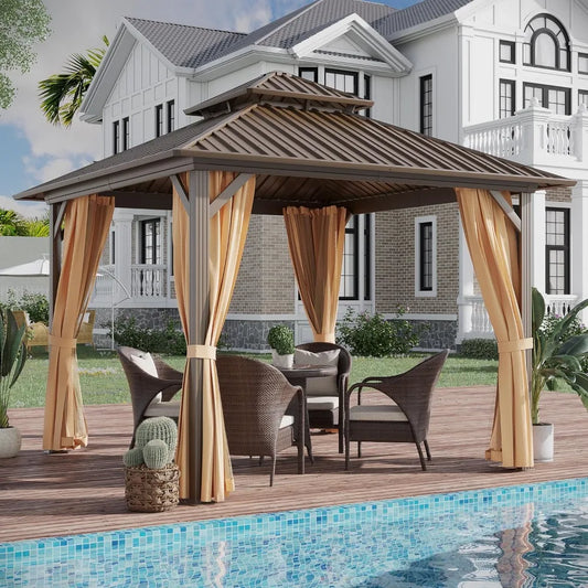 10x10ft Aluminum Hardtop Gazebo with Double Roof, Steel Canopy, Netting & Curtains for Outdoor Patio Garden