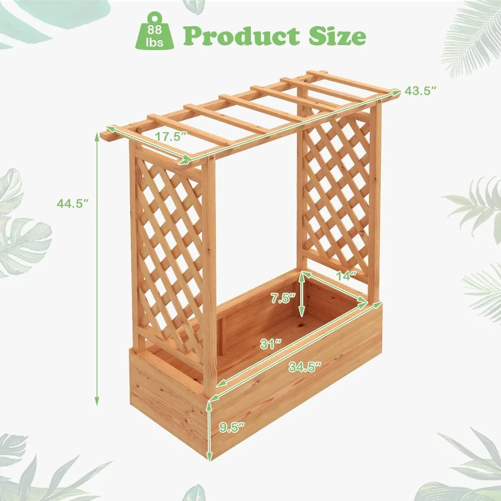 HAPPYGRILL Raised Garden Bed with Trellis, 2 Pack Freestanding Wood Planter Box w/Hanging Roof & 4 Drainage Holes for Vine Climb