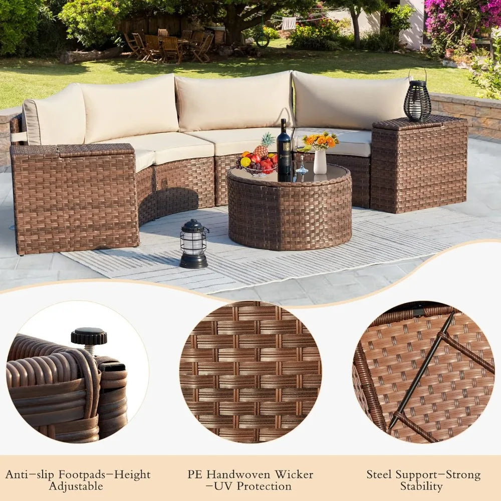 7 Piece Patio Set Half Moon Curved Wicker Storage Armrests