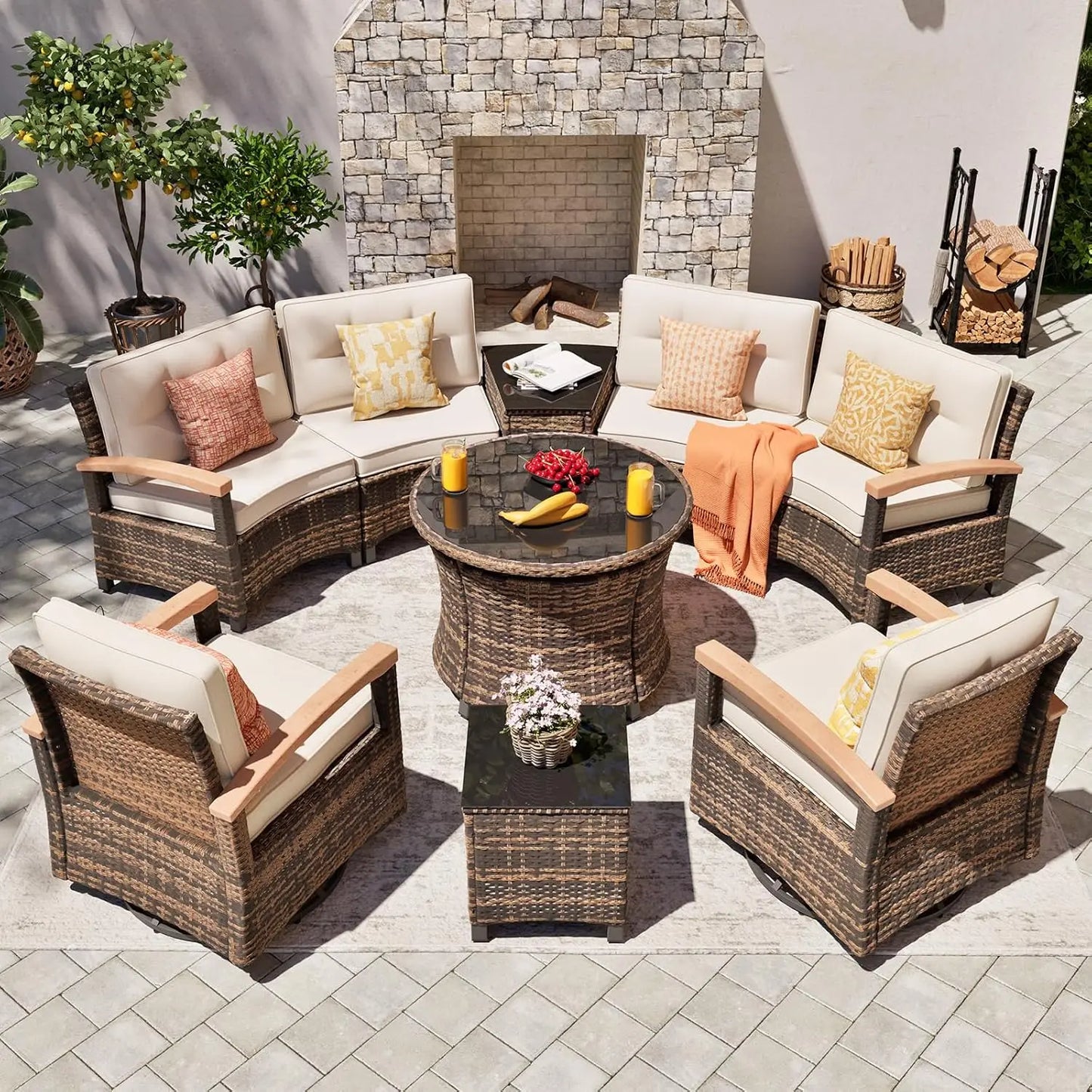 Multi-piece Outdoor Patio Furniture Sets, Half Moon Curving Part of The Sofa Rattan Patio Conversation Sets