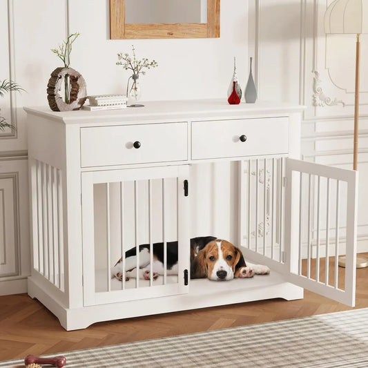 Dog Crate Furniture 44 Inch Wooden Dog Kennel Indoor with 2 Storage Drawers Heavy Duty for Large Dogs