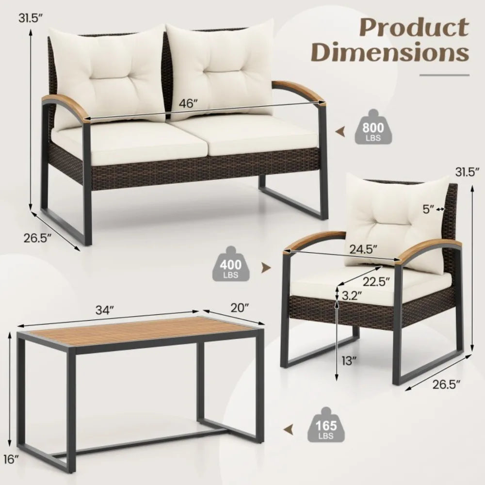 Patio Outdoor Rattan Sofa Set With Tabletop And Cushions