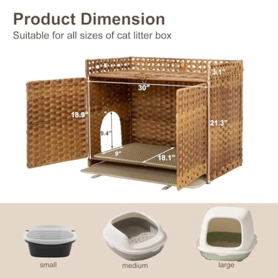 Hidden Cat Litter Box Enclosure Furniture with Modern Design for Indoor Living: Handwoven Rattan Pet House Featuring Removable