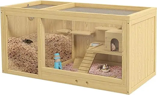 Wooden Hamster Cage Extra Large Gerbil Cage Multi Layer Small Animal Cage for Dwarf Hamster Activity Center with Pull Out Tray
