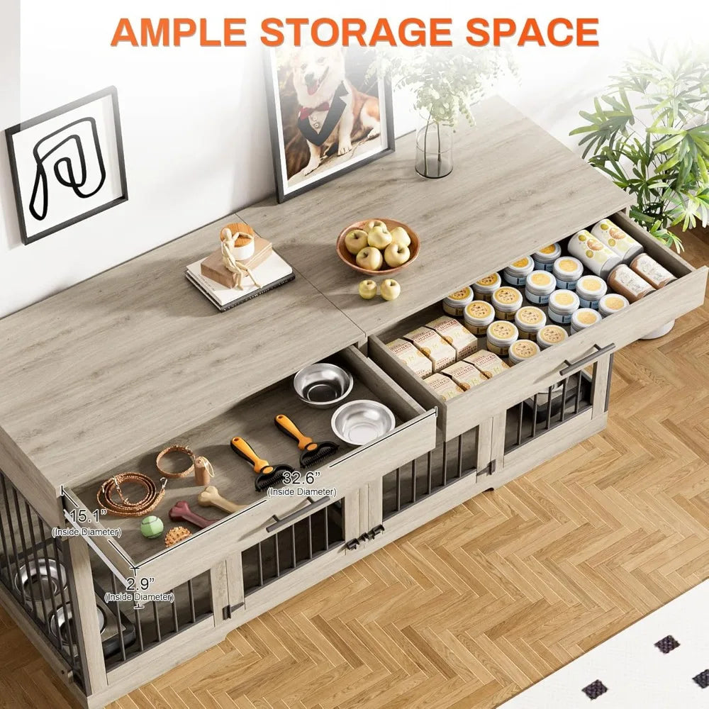 72 Inch Dog Crate Furniture for Two Dogs Large Dog Kennel with Storage Drawers and Removable Divider Wooden Dog Cage