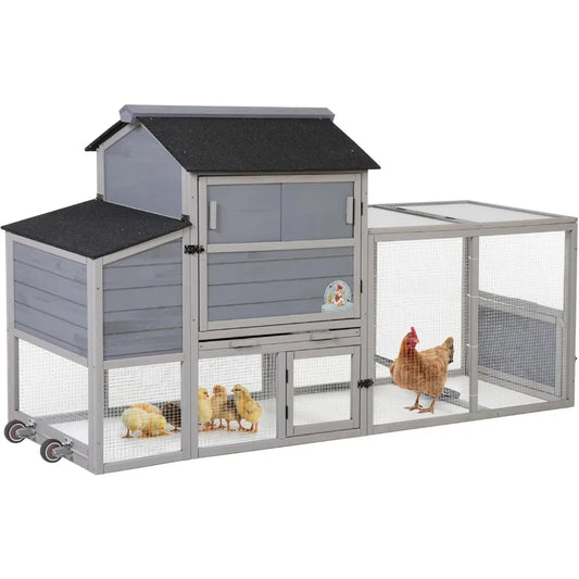 82" Large Wooden Chicken Coop, Outdoor Rabbit Hutch, Guinea Pig Pet House with Wheels, Sunshine Board, Asphalt Roof, Ramp, Open