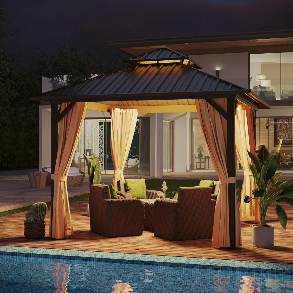 10x10ft Aluminum Hardtop Gazebo with Double Roof, Steel Canopy, Netting & Curtains for Outdoor Patio Garden