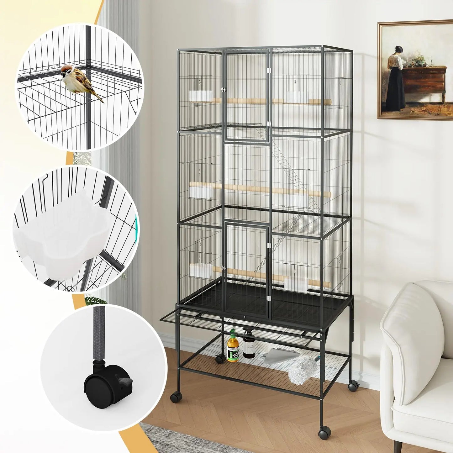 HiMISS Parrot Cage With Rolling Wheels Detachable Stand Tray