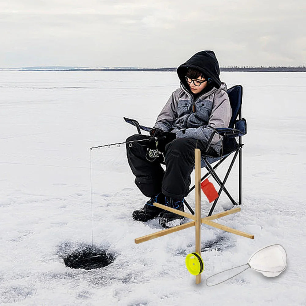 JOCESTYLE 3 Pack Ice Fishing Tip Up With Spoon Net Wooden Platform