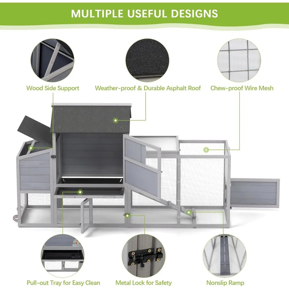 82" Large Wooden Chicken Coop, Outdoor Rabbit Hutch, Guinea Pig Pet House with Wheels, Sunshine Board, Asphalt Roof, Ramp, Open