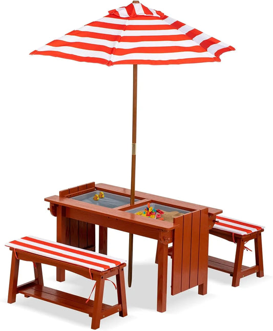 Kids Picnic Table with Umbrella, Outdoor Wooden Table & Bench Set w/Cushions & 2 Removable Boxes, 4-in-1 Children Sand
