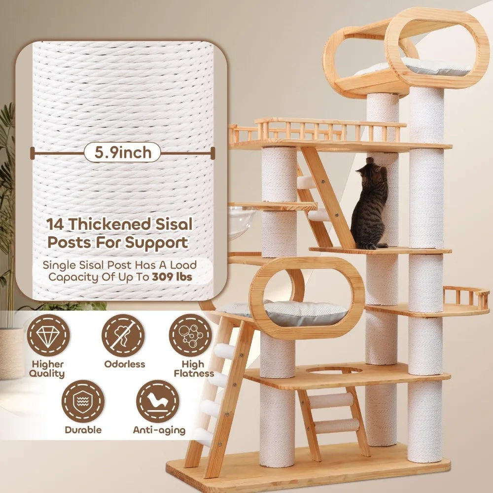 76.8'' Tall Modern Large Cat Tree,Multi-Level Wood Cat Tower for Indoor Cats Large Adults,Luxury Heavy Duty Cat Condo with Cushi