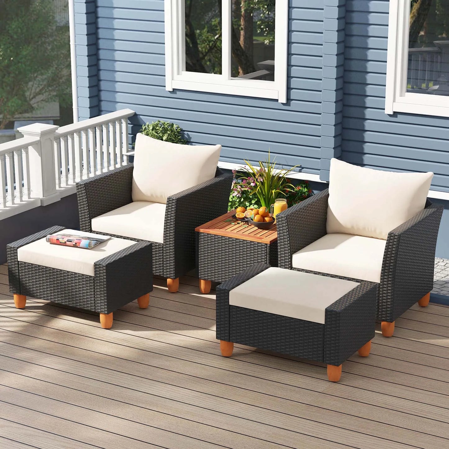 5 Piece Outdoor Patio Set With Storage Table And Cushions