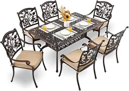 7 Piece Cast Aluminum Outdoor Dining Set 60Inch Table Bronze
