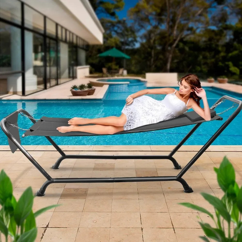 Cozy Outdoor Hammock Bed with Stand Pillow and Storage Pockets