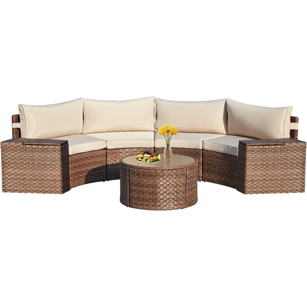7 Piece Patio Set Half Moon Curved Wicker Storage Armrests