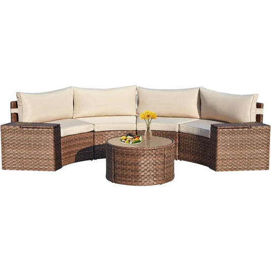 7 Piece Patio Set Half Moon Curved Wicker Storage Armrests