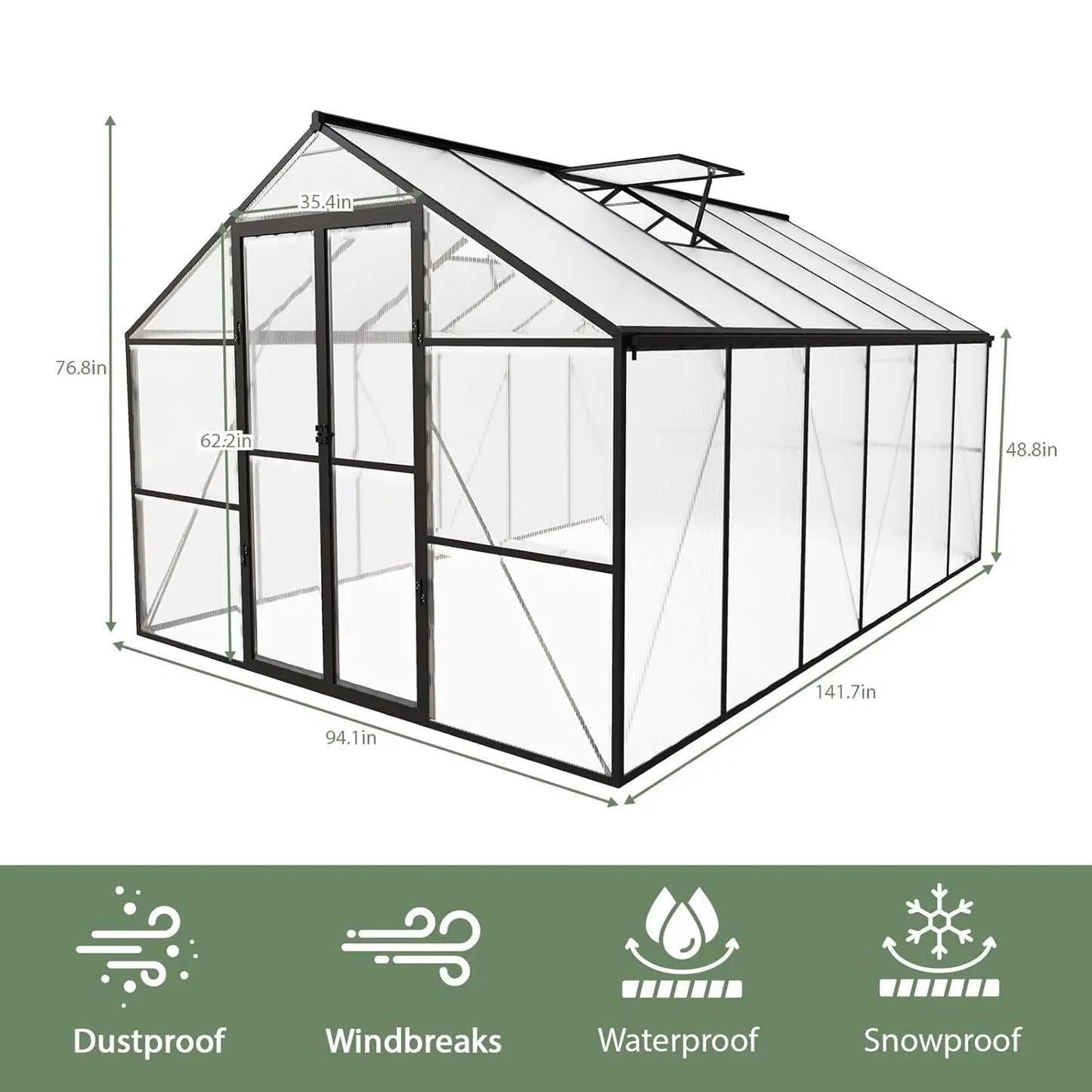 Heavy-Duty Greenhouse With Aluminum Frame Lockable Door And Polycarbonate Panels