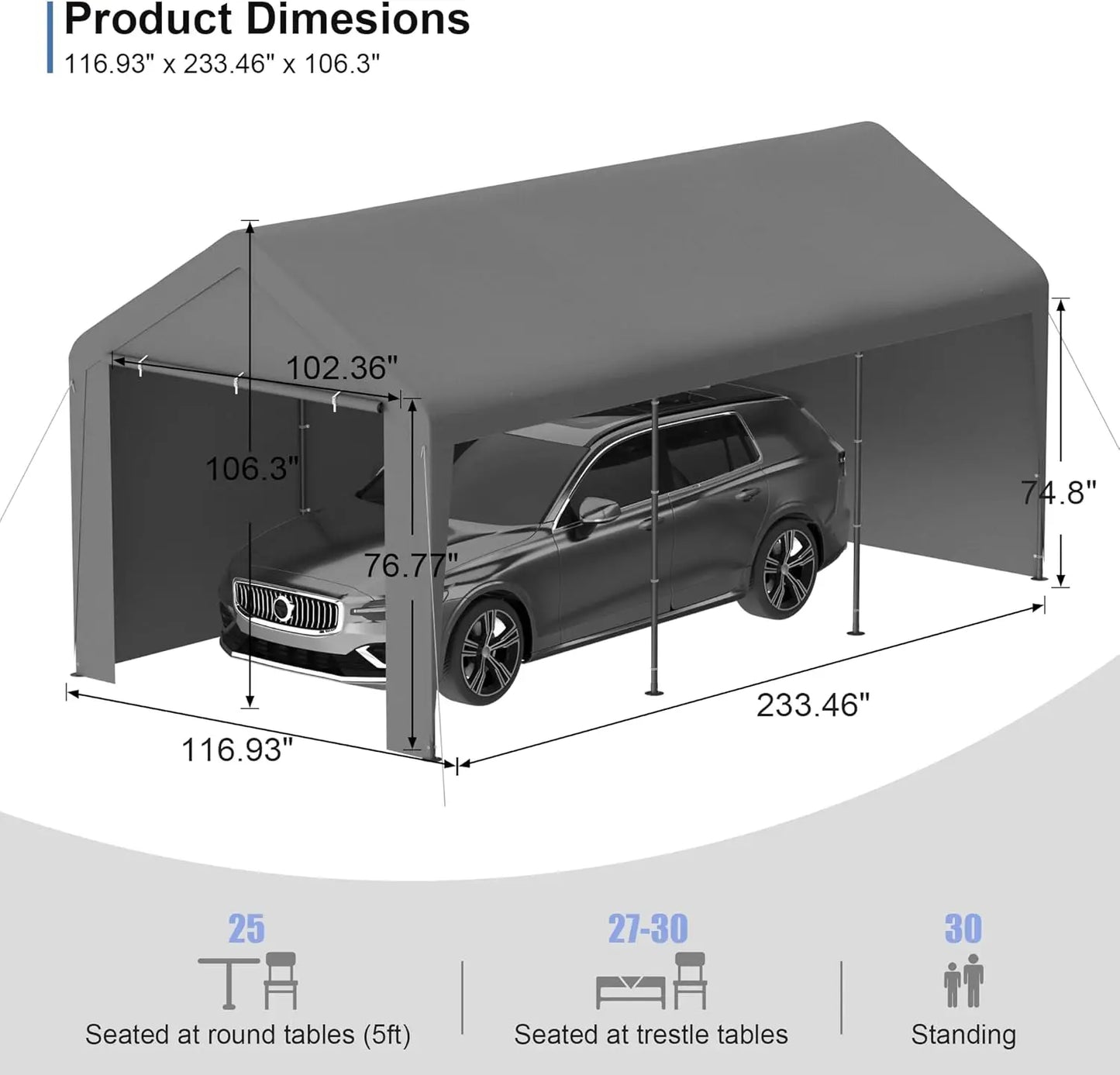 10x20 Heavy Duty Portable Garage With Roll Up Door Grey