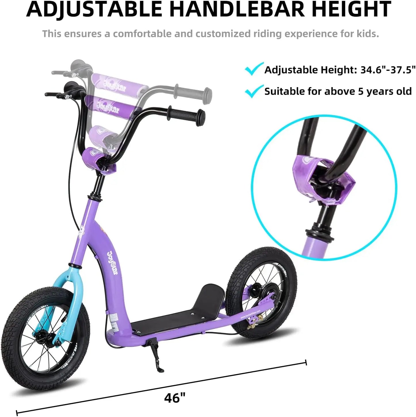 Adjustable Kids Scooter with 12" Inflatable Wheels and Rear Brakes for Ages 5+