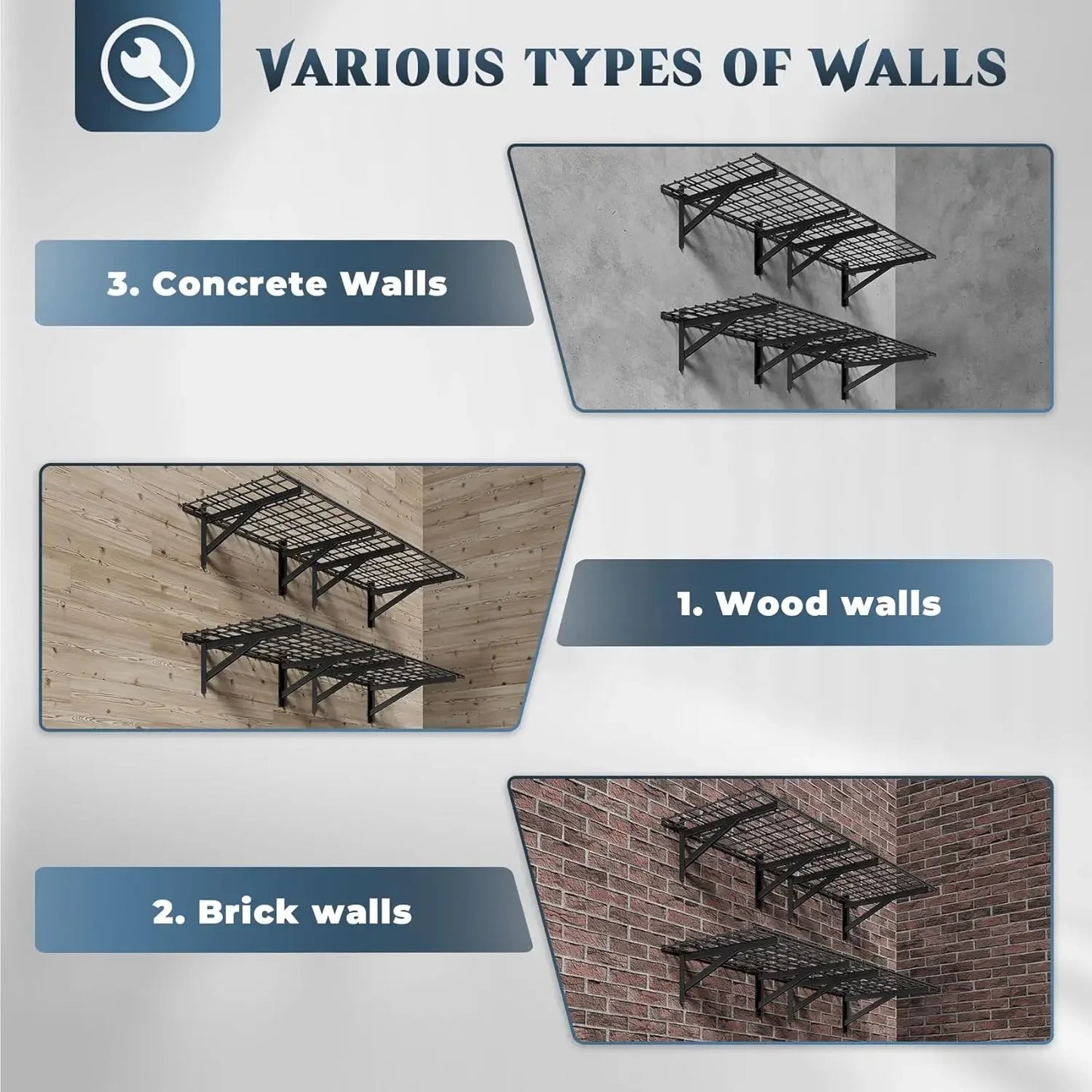 Heavy Duty Garage Wall Shelving Set, Wall Mounted, 1000lbs Capacity
