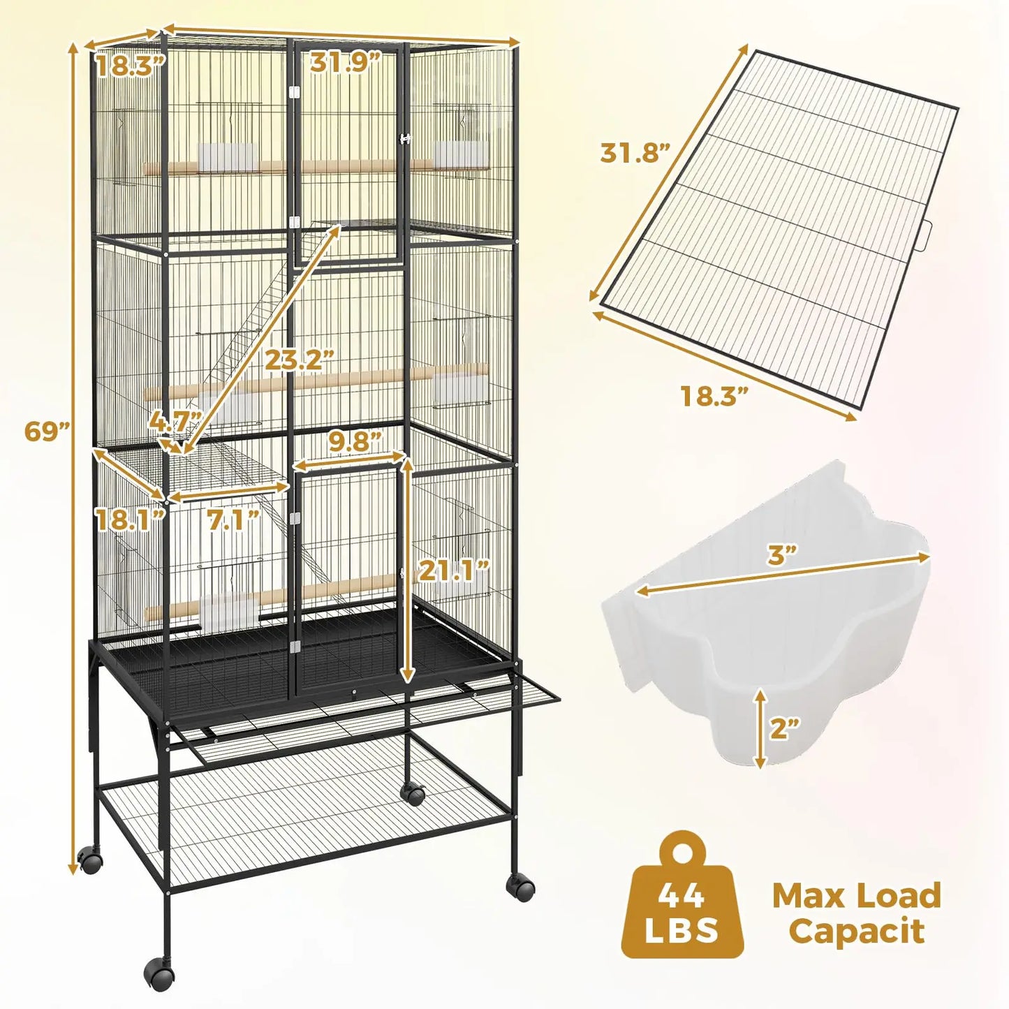 HiMISS Parrot Cage With Rolling Wheels Detachable Stand Tray