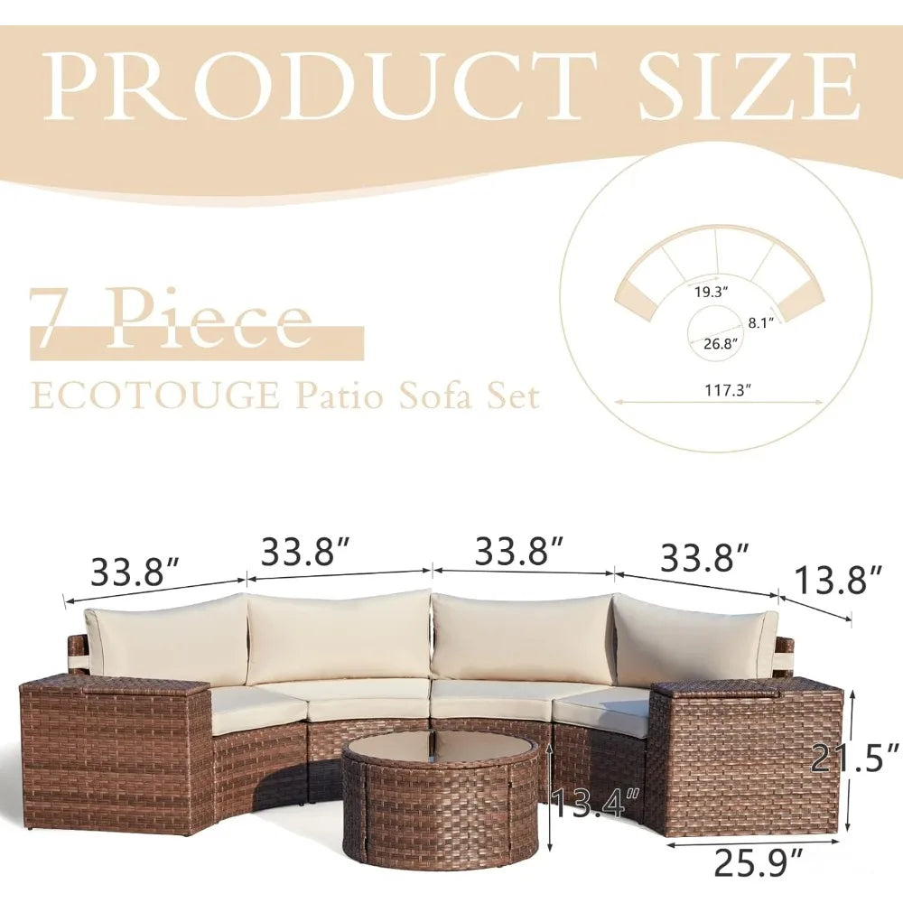 7 Piece Patio Set Half Moon Curved Wicker Storage Armrests