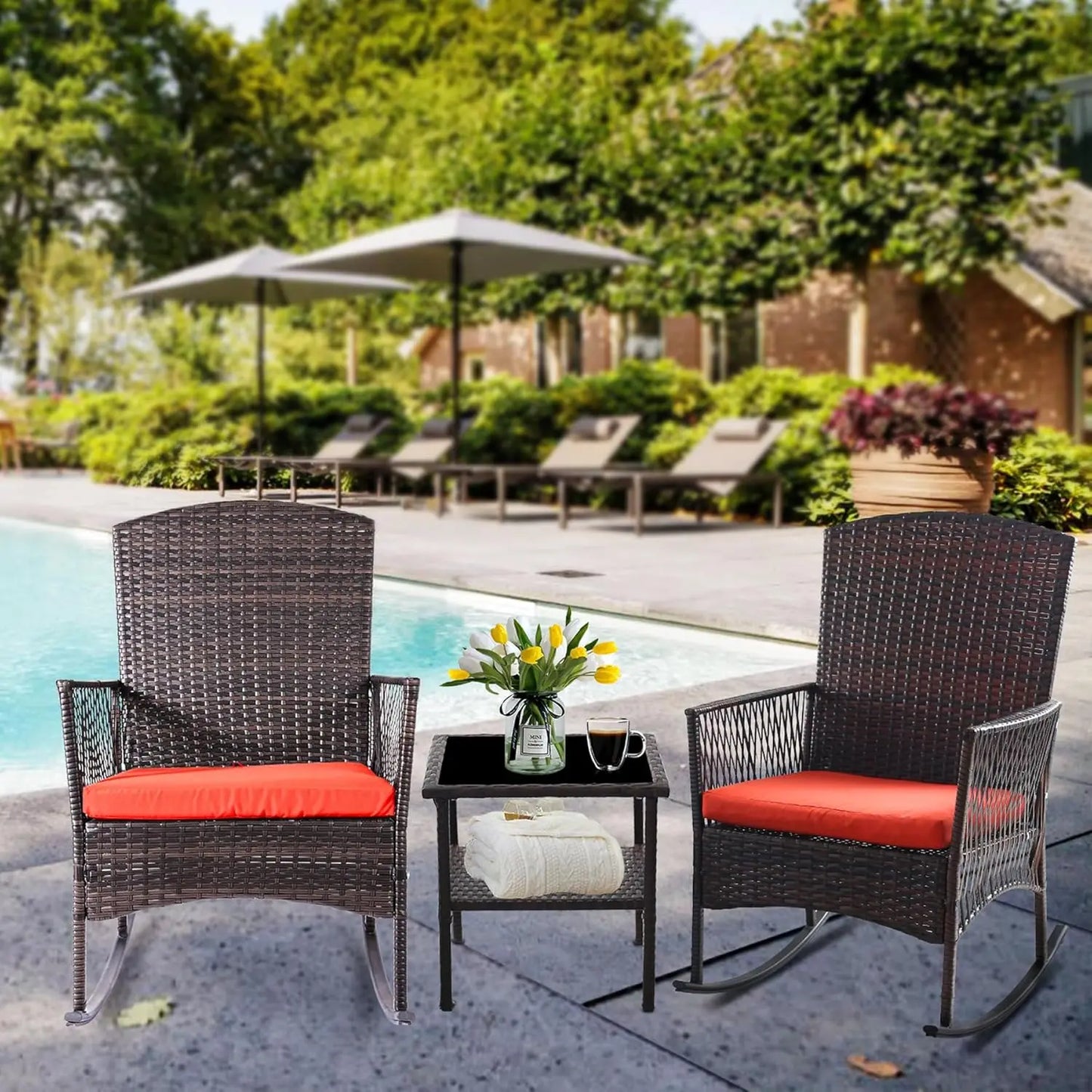 ANGDUO 3 Piece Patio Conversation Set with Rocking Chairs