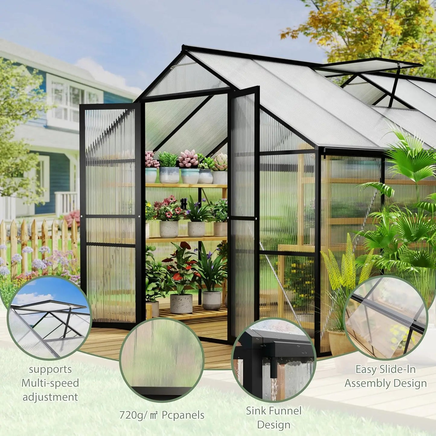 Heavy-Duty Greenhouse With Aluminum Frame Lockable Door And Polycarbonate Panels