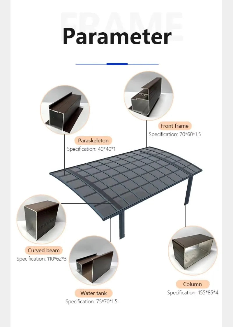 Modern Portable Metal Carport Outdoor Polycarbonate Roof Aluminum Frame PVC Material Pressure Treated Garage Parking