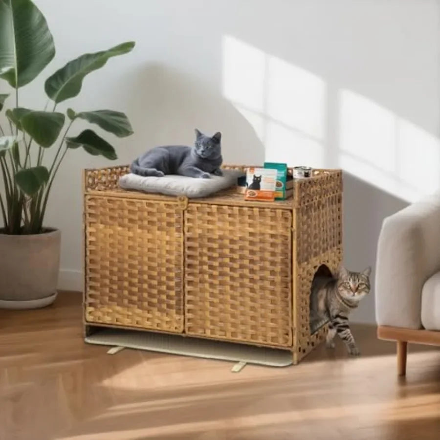 Hidden Cat Litter Box Enclosure Furniture with Modern Design for Indoor Living: Handwoven Rattan Pet House Featuring Removable