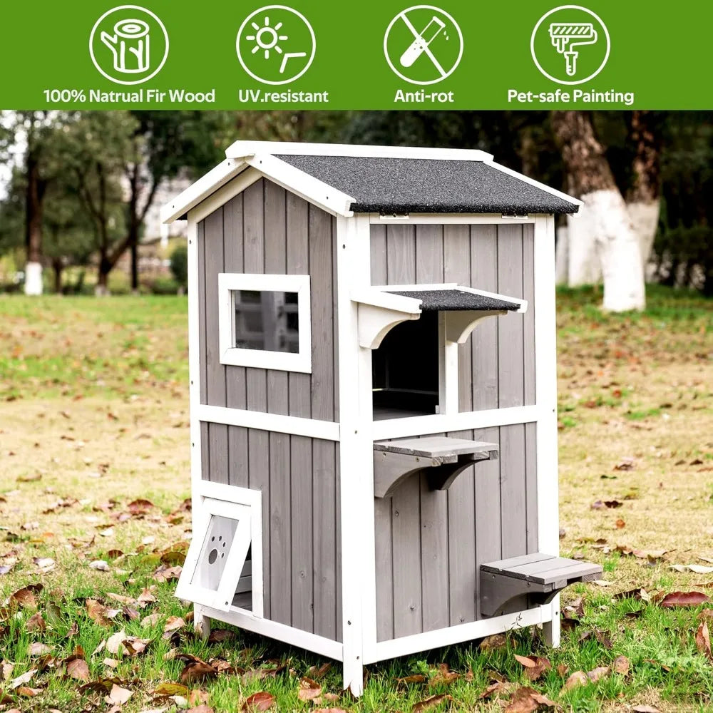 Cat House for Outdoor & Indoor Wooden Waterproof Cat Condo Cat Outdoor Enclosure with Escape Door,2 Story Kitty House