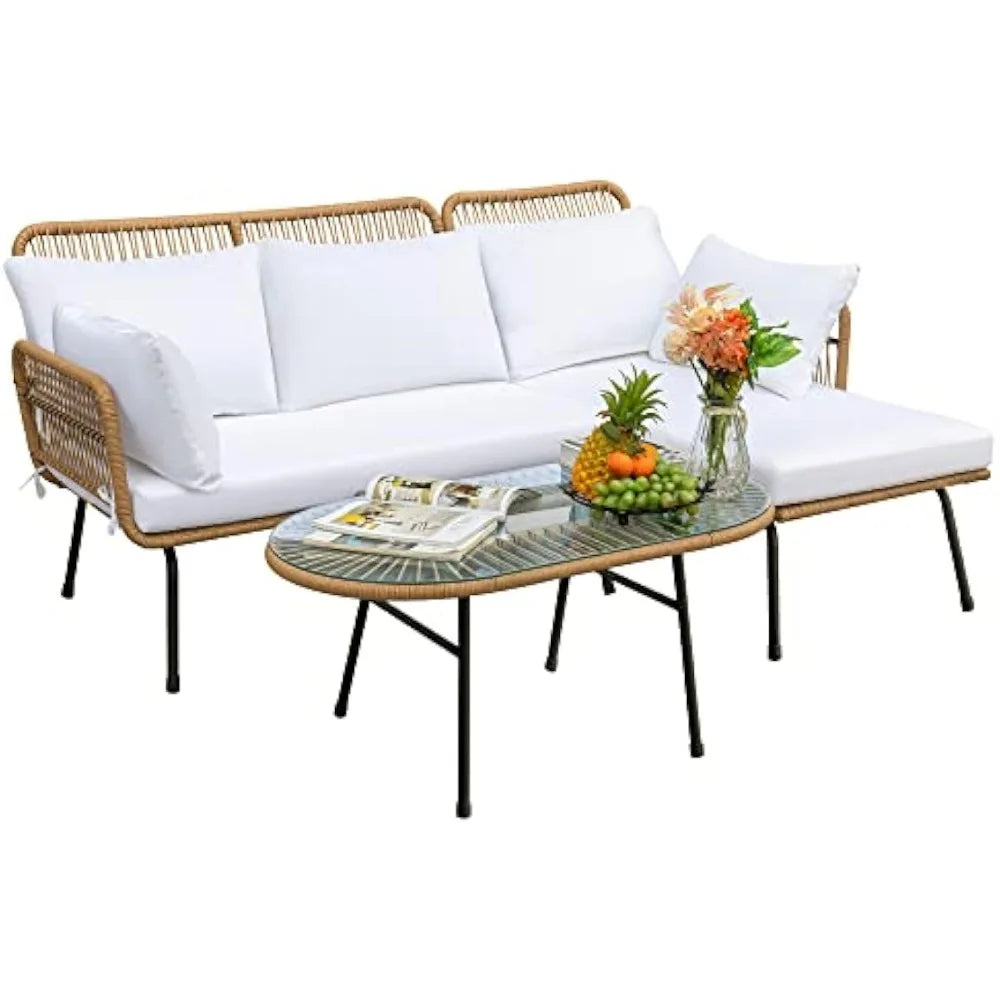 Outdoor Patio Furniture Set, Outdoor Sectional Conversation Rope Woven L-Shaped Sofa Set with Patio Table and Thick Cushions