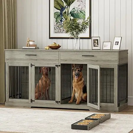 72 Inch Dog Crate Furniture for Two Dogs Large Dog Kennel with Storage Drawers and Removable Divider Wooden Dog Cage
