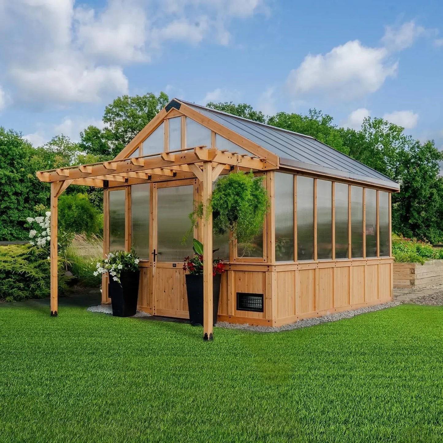 XL 13' x 11' Cedar Wood and Polycarbonate Walk-in Greenhouse Kit with Pergola, Exhaust Fan, Windows, Hose Hook-Ups, Po