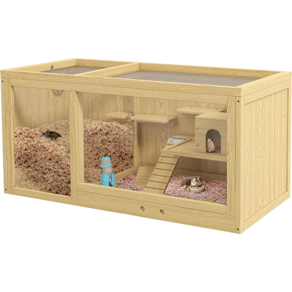 Wooden Hamster Cage Extra Large Gerbil Cage Multi Layer Small Animal Cage for Dwarf Hamster Activity Center with Pull Out Tray