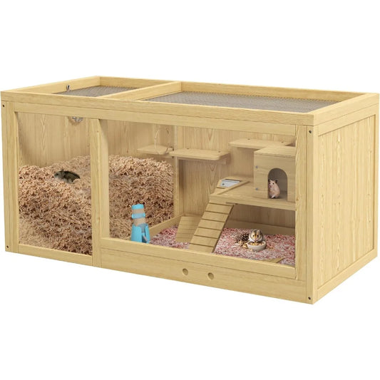 Wooden Hamster Cage Extra Large Gerbil Cage Multi Layer Small Animal Cage for Dwarf Hamster Activity Center with Pull Out Tray