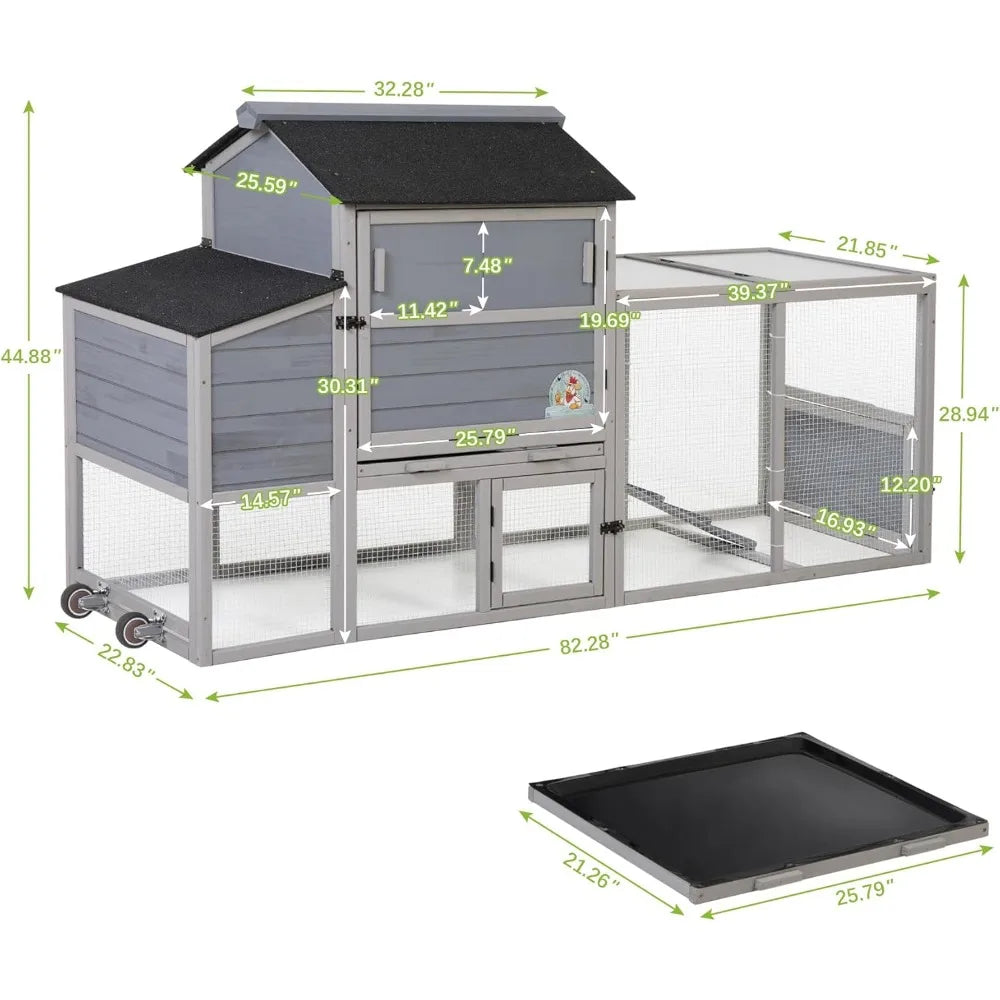 82" Large Wooden Chicken Coop, Outdoor Rabbit Hutch, Guinea Pig Pet House with Wheels, Sunshine Board, Asphalt Roof, Ramp, Open
