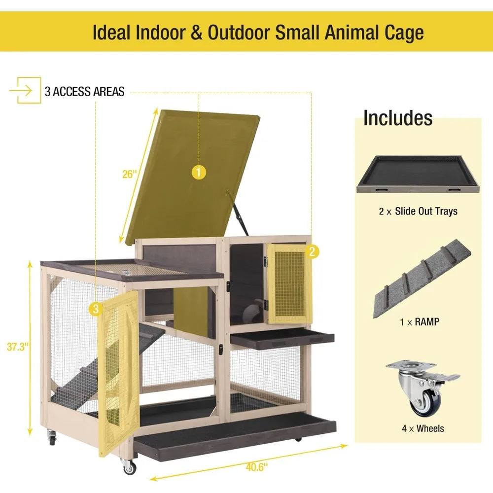 Rabbit Hutch Indoor Bunny Cage with Outdoor Run and Two Deep No Leak Trays on Casters