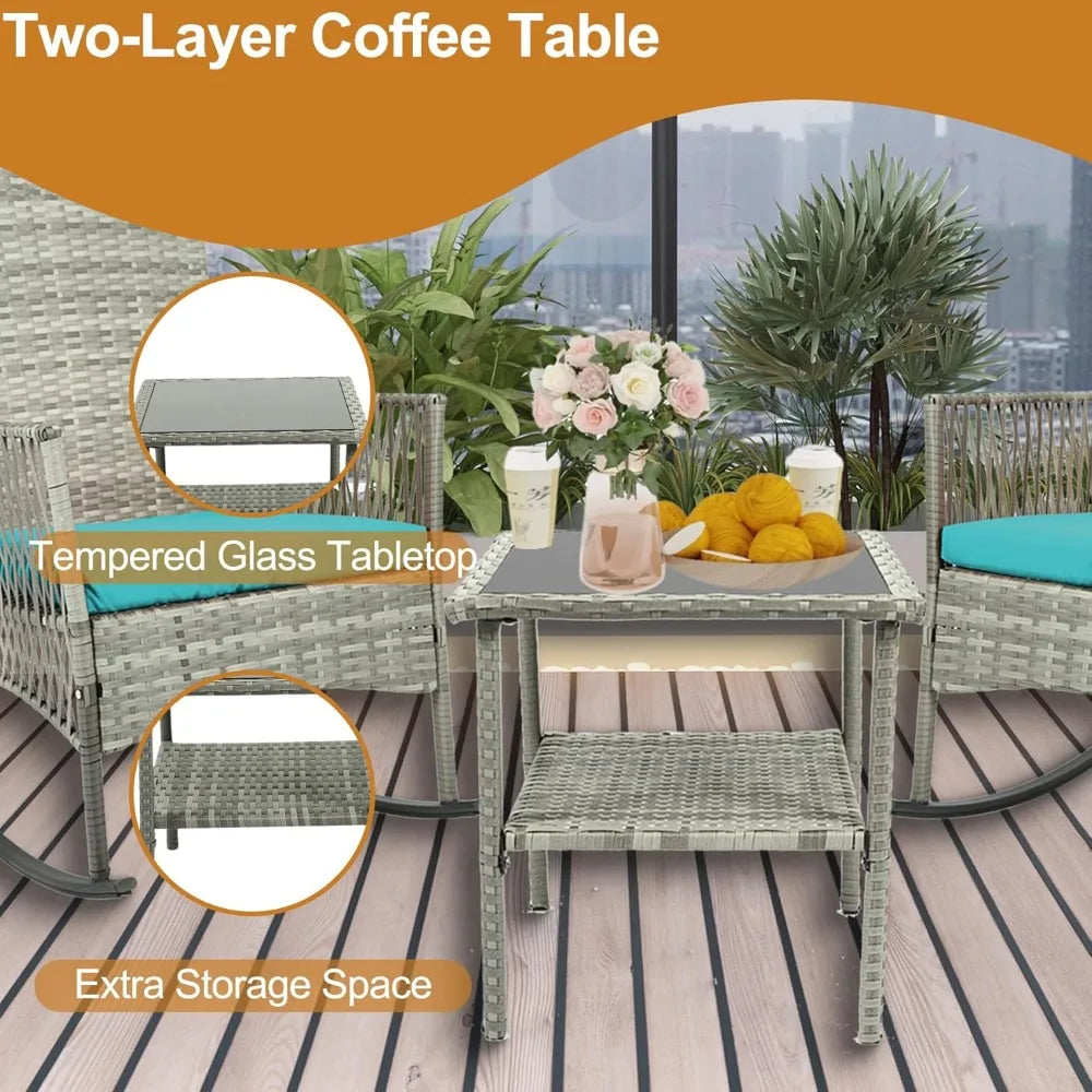 ANGDUO 3 Piece Patio Conversation Set with Rocking Chairs