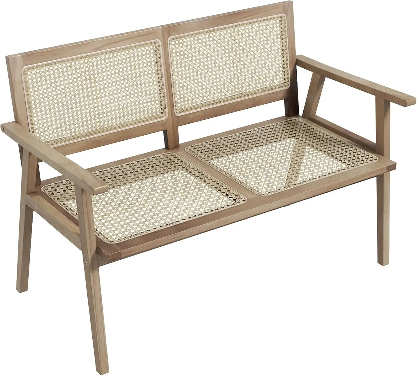 Outdoor Teak Wood Bench 2 Person Patio Rattan Backrest
